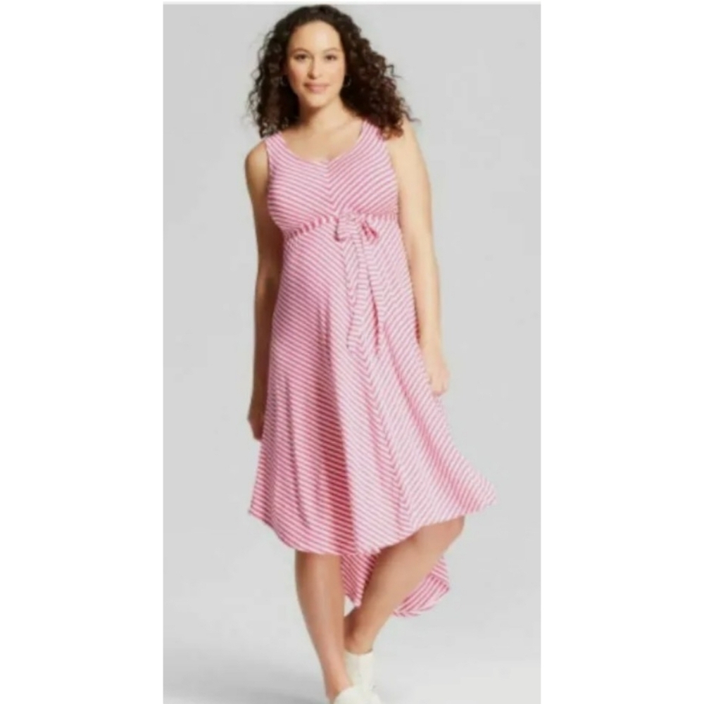 Isabel Maternity Hi Low hem Bias Striped Dress Pink & White Size M